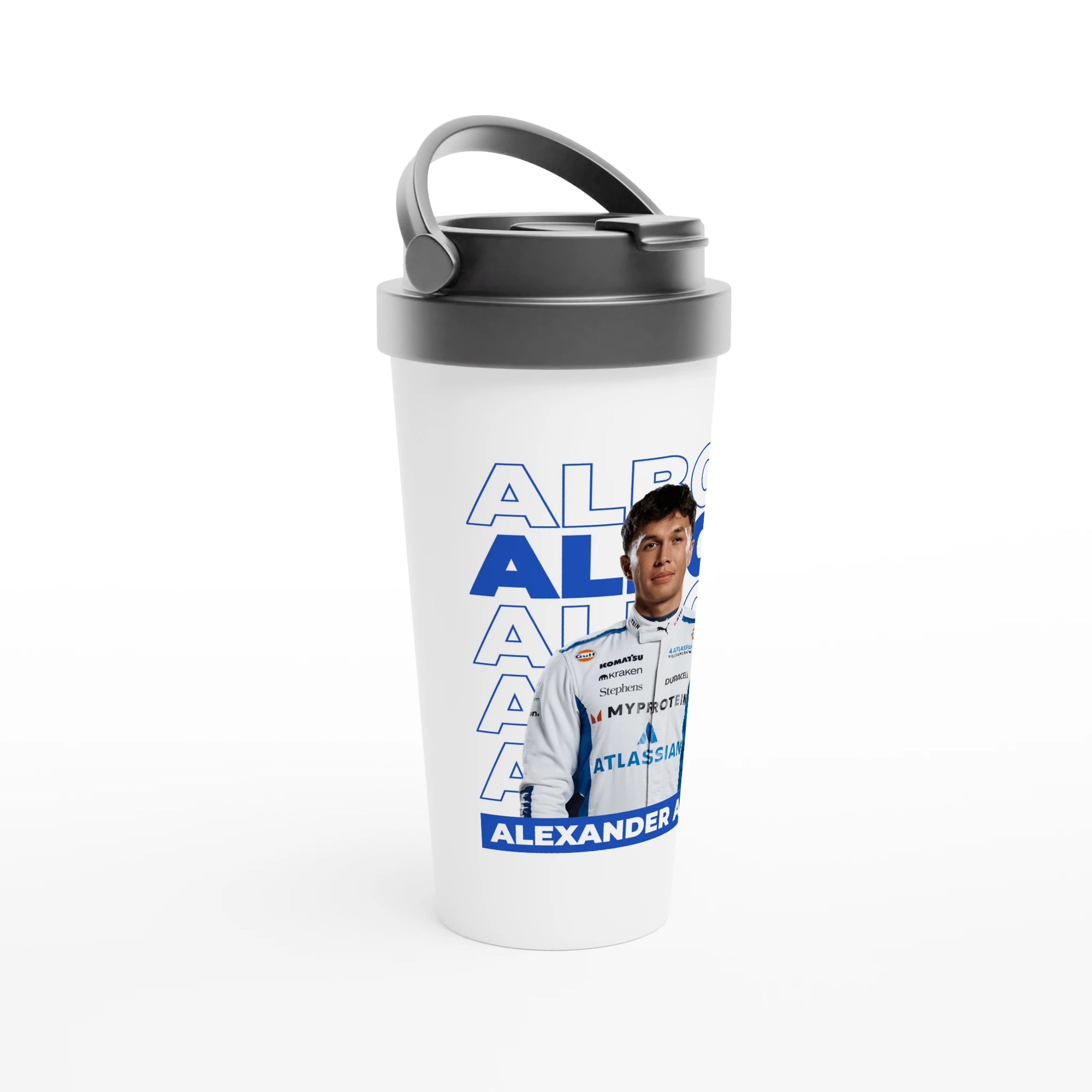 f111 merch white color travel-mug with albon branding.