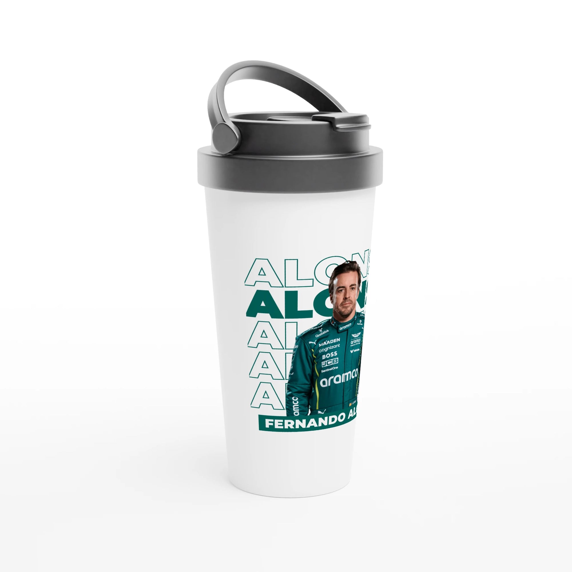 f111 merch white color travel-mug with alonso branding.