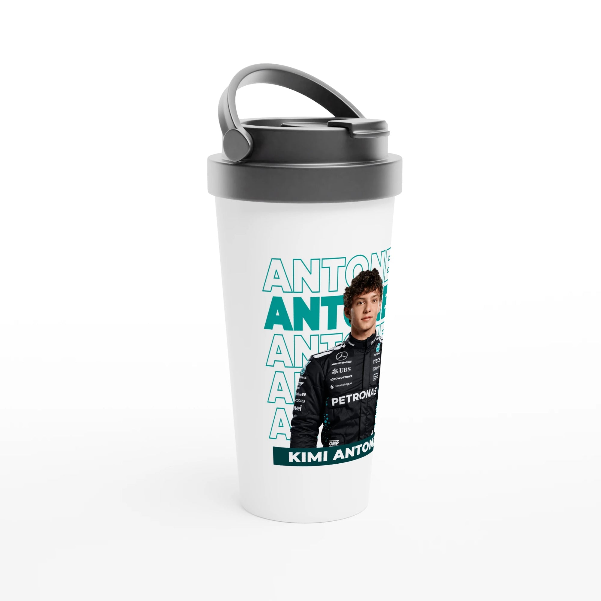 f111 merch white color travel-mug with antonelli branding.
