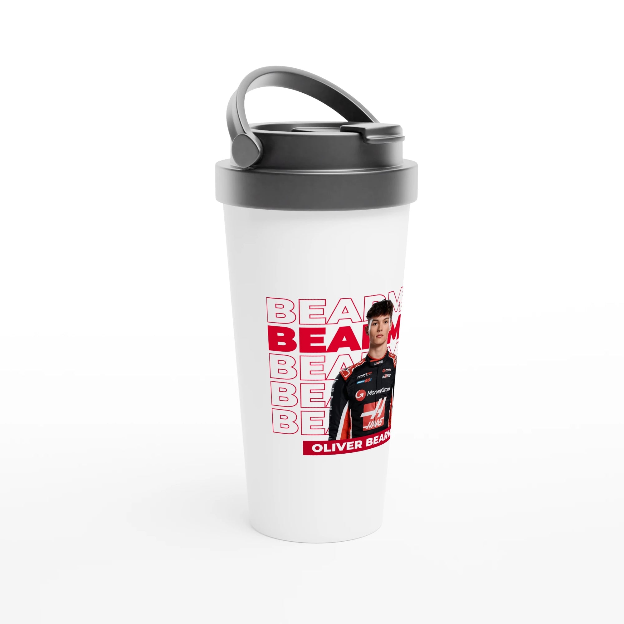 f111 merch white color travel-mug with bearman branding.