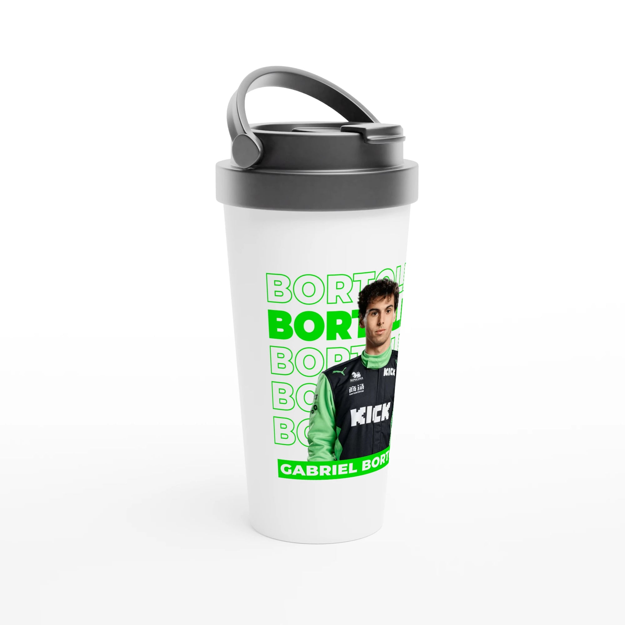 f111 merch white color travel-mug with bortoleto branding.