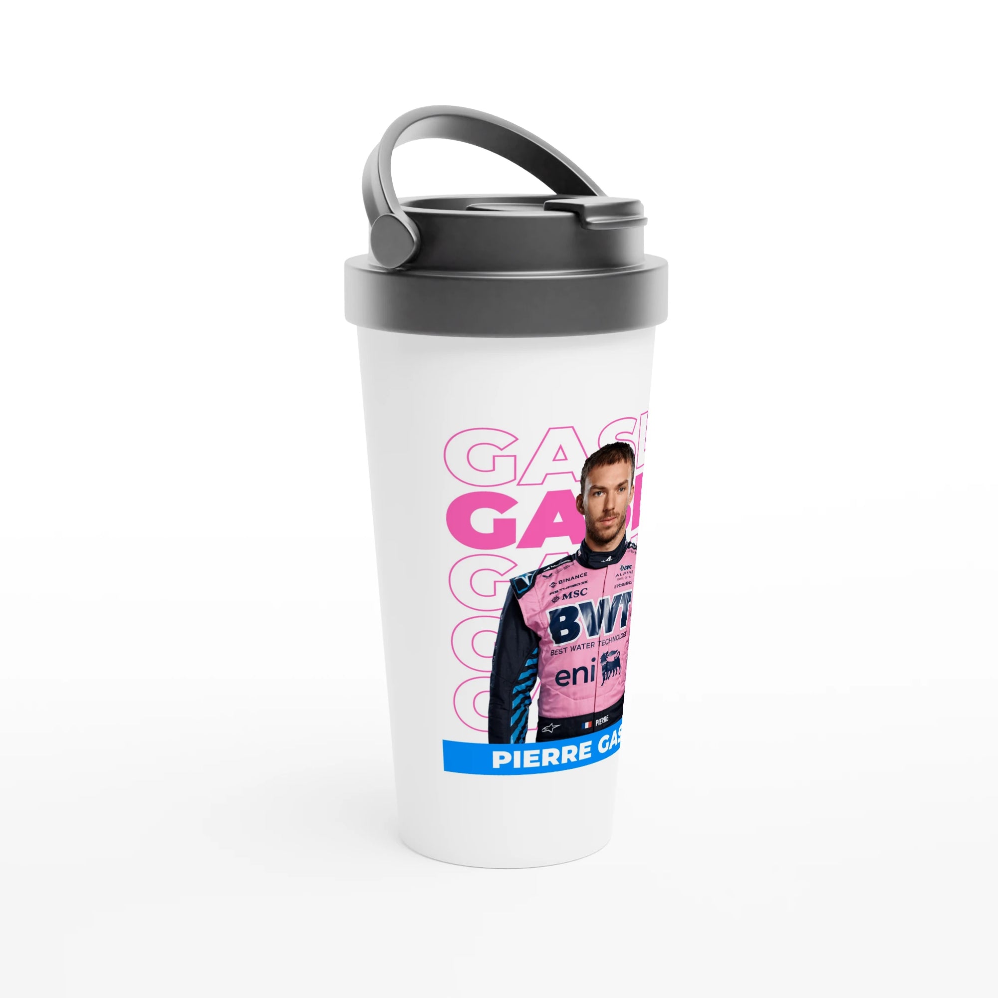 f111 merch white color travel-mug with gasly branding.