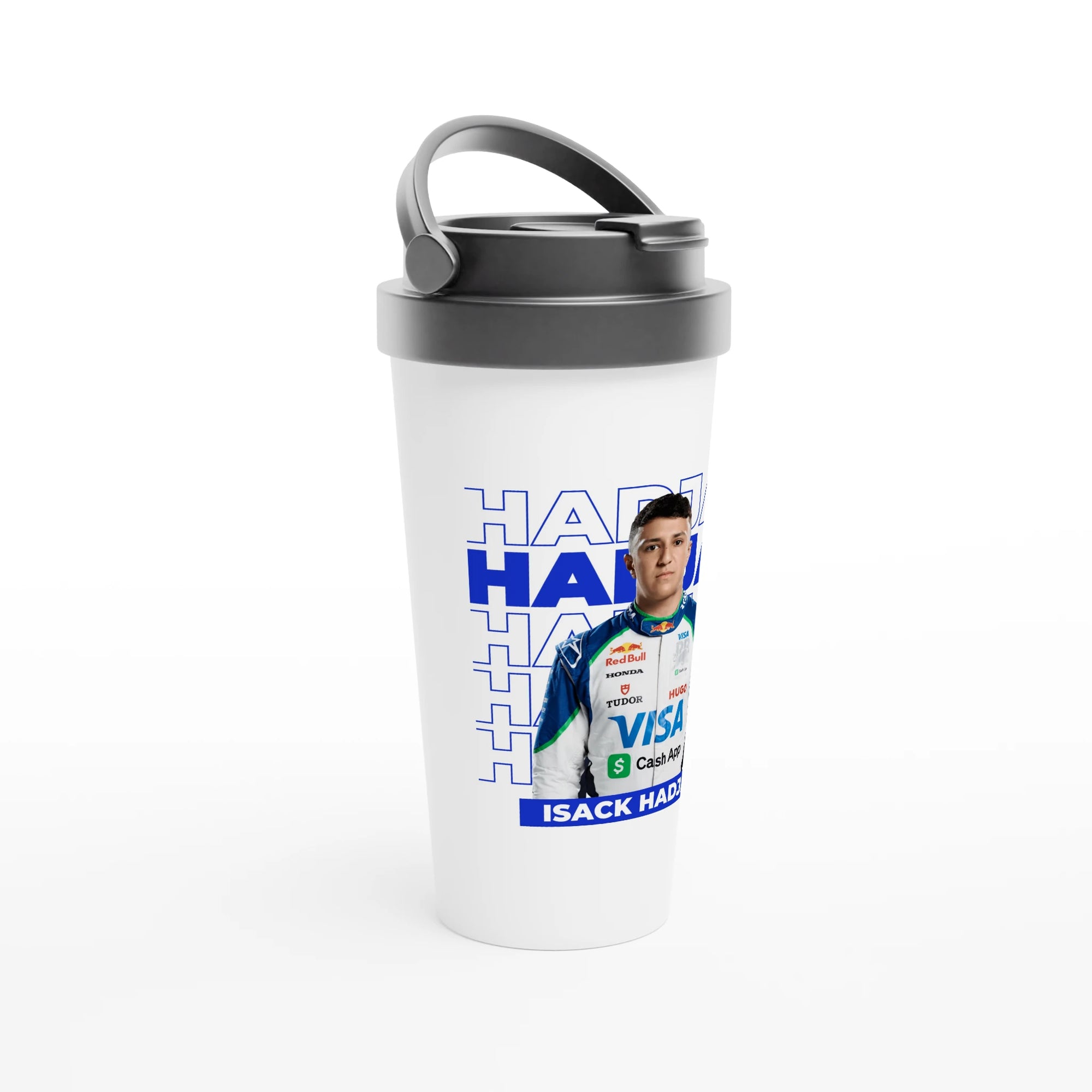 f111 merch white color travel-mug with hadjar branding.