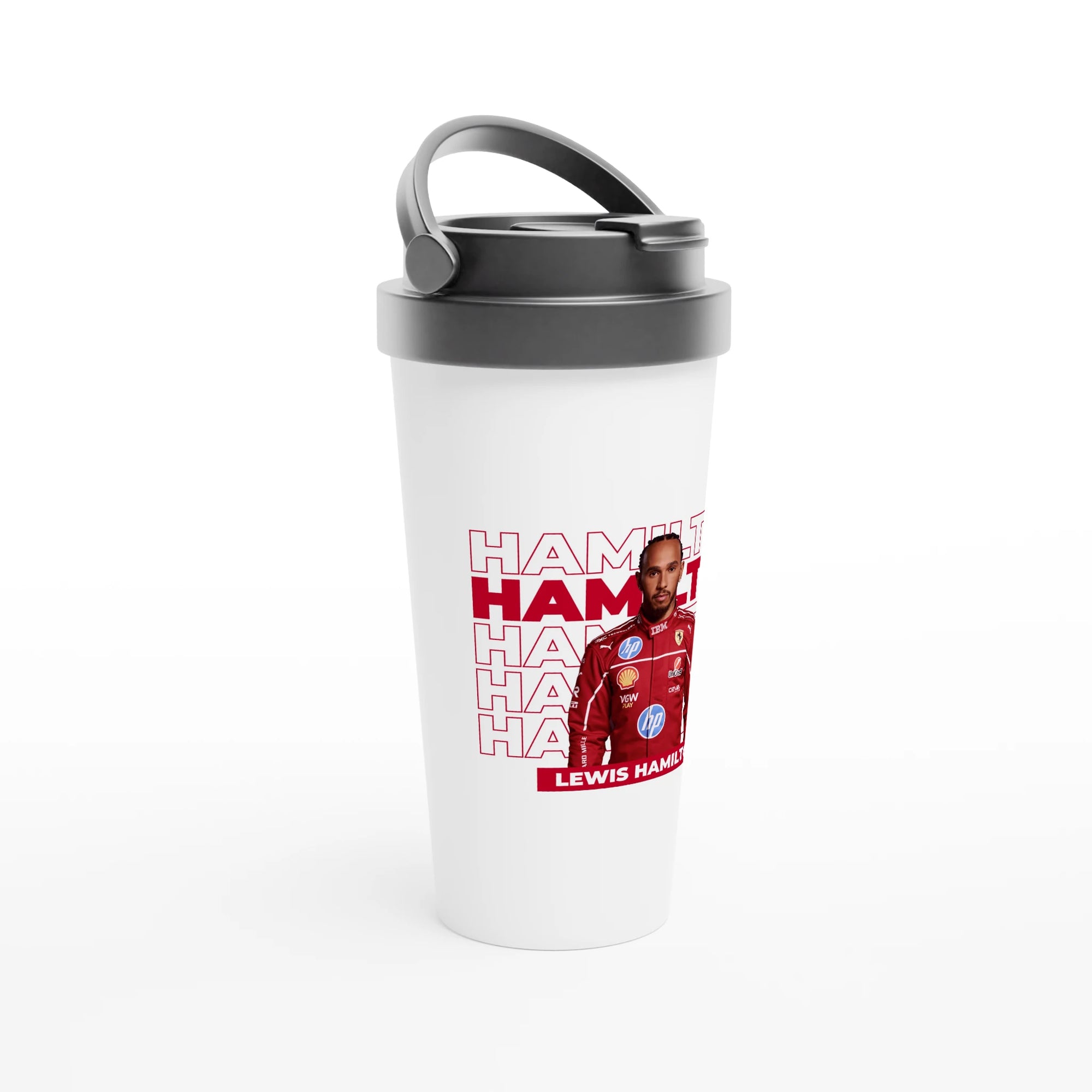 f111 merch white color travel-mug with hamilton branding.