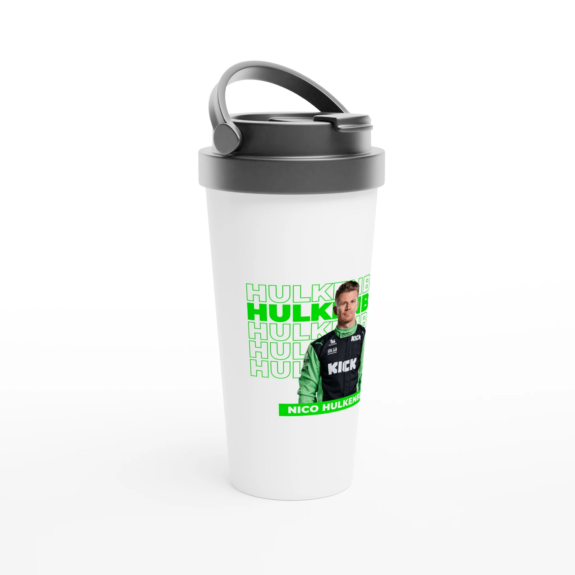 f111 merch white color travel-mug with hulkenberg branding.