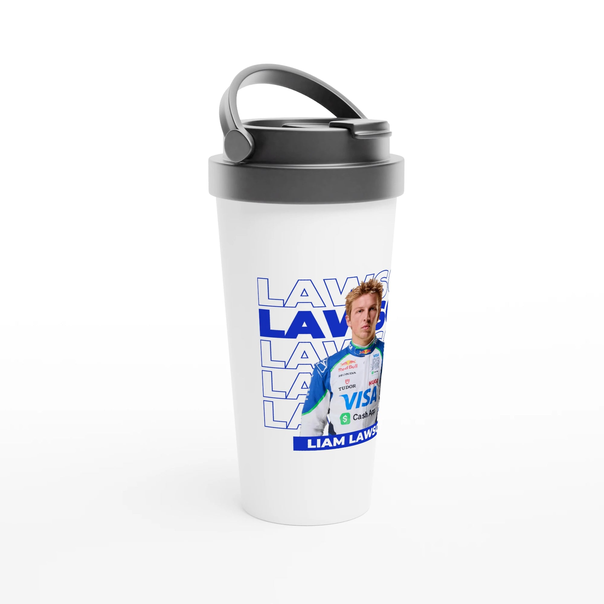 f111 merch white color travel-mug with lawson branding.