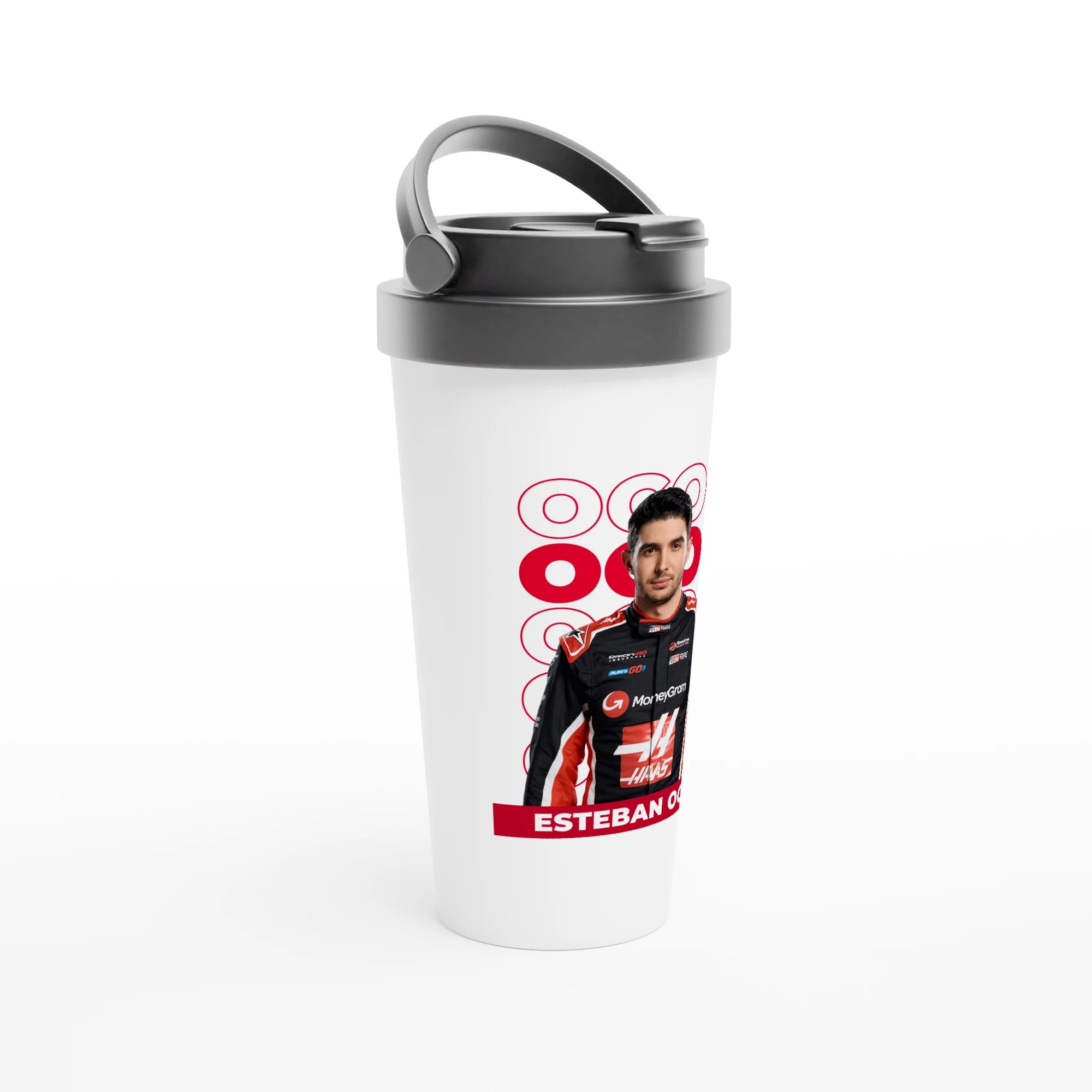 f111 merch white color travel-mug with ocon branding.