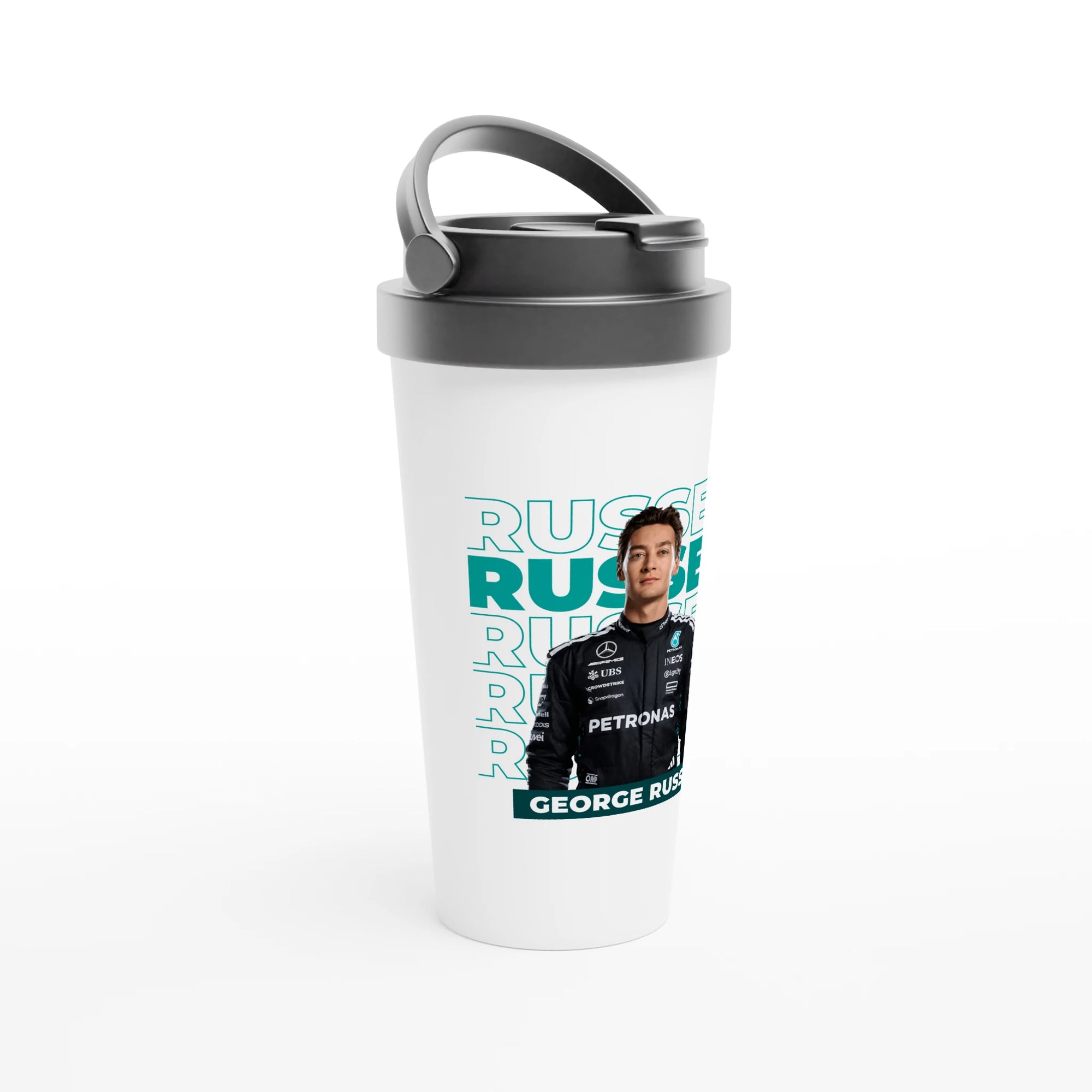 f111 merch white color travel-mug with russell branding.