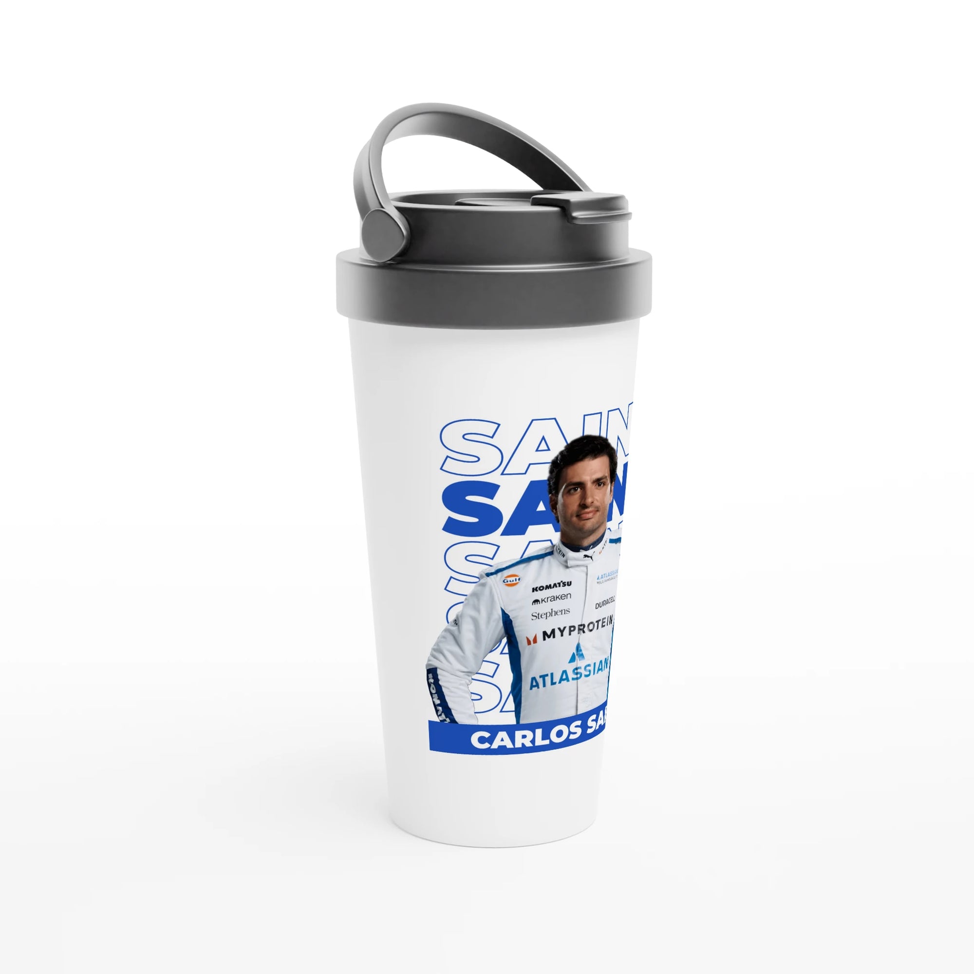 f111 merch white color travel-mug with sainz branding.