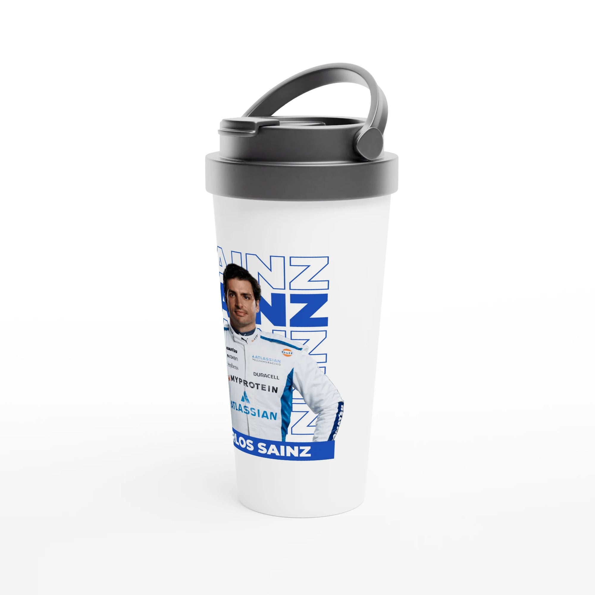 f111 merch white color travel-mug with sainz branding.