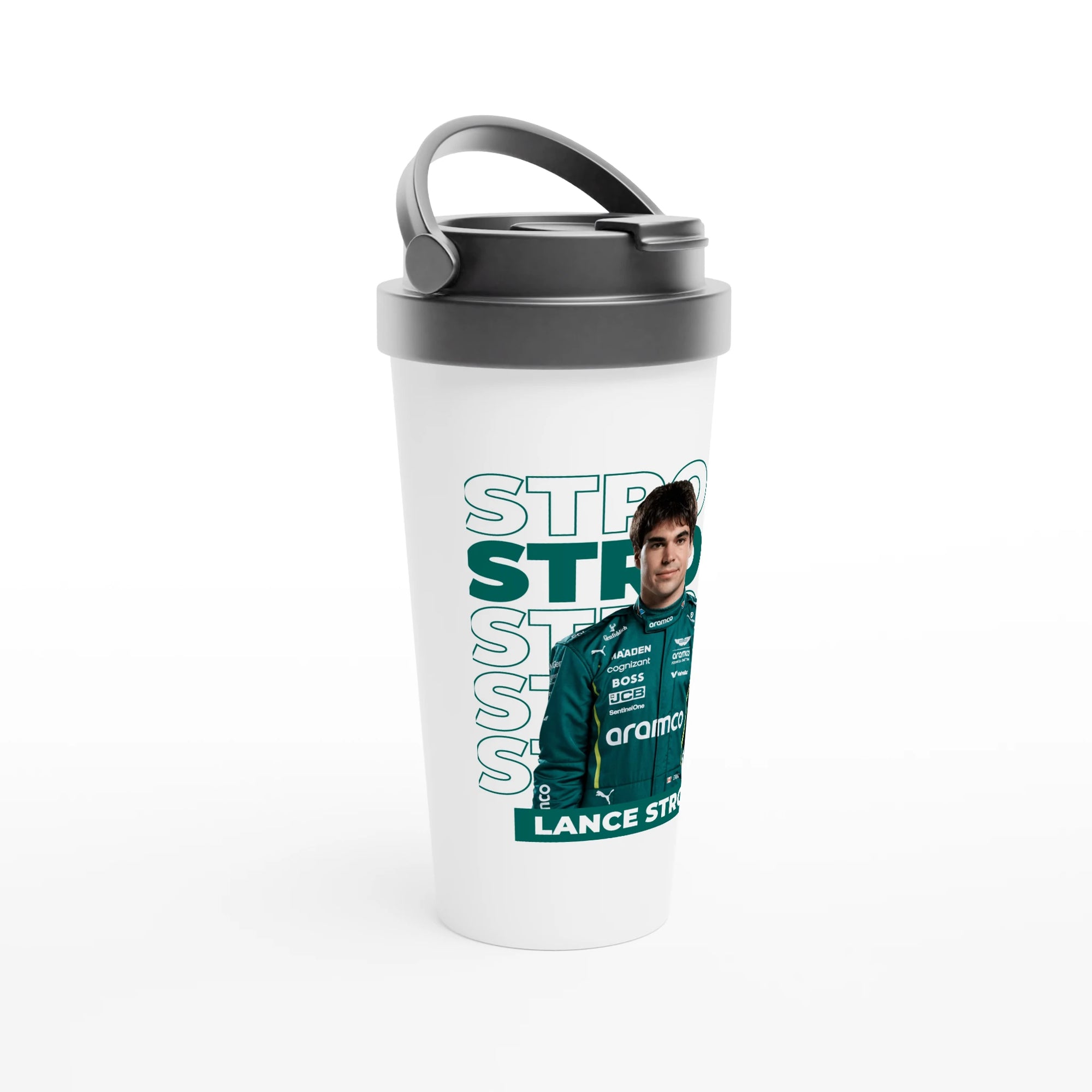 f111 merch white color travel-mug with stroll branding.