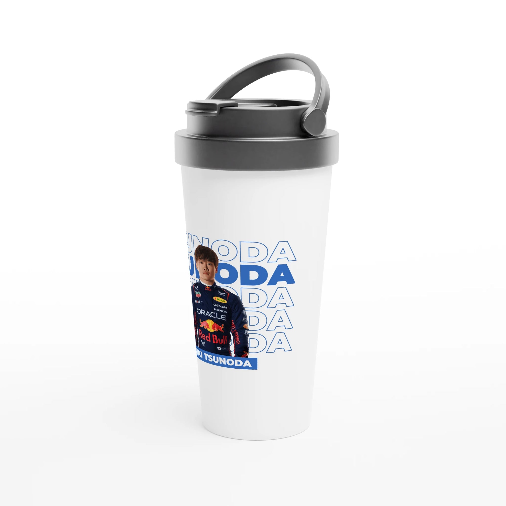 f111 merch white color travel-mug with tsunoda branding.