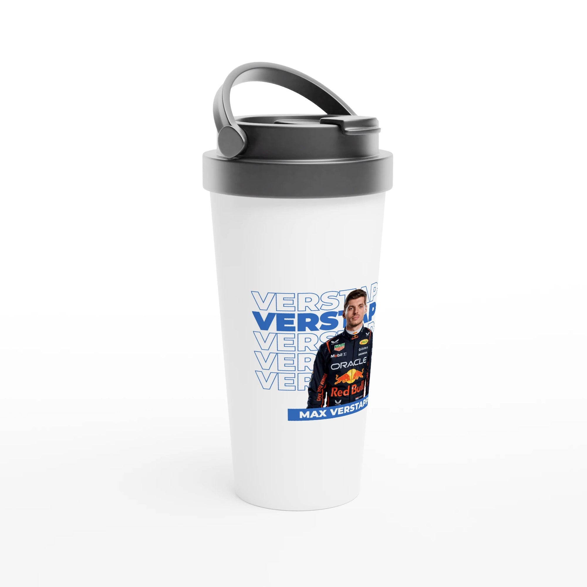 f111 merch white color travel-mug with verstappen branding.