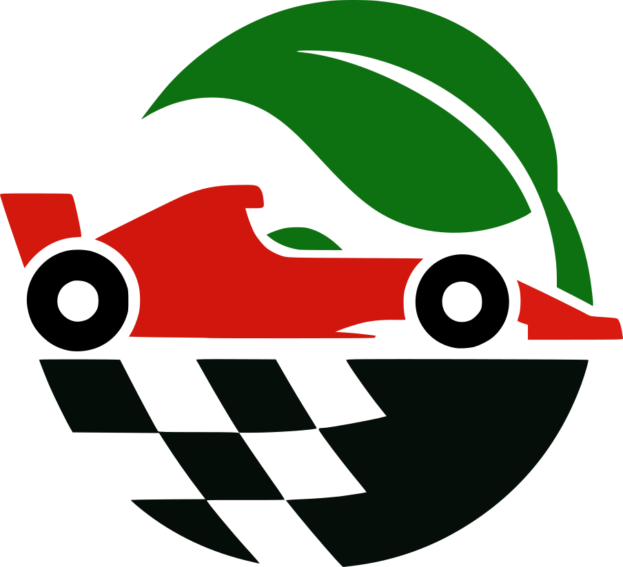 Sustainability logo with a red car, green leaf, and checkered flag on a white background