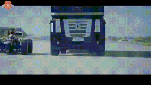 f111merch shipping and delivery gif image of truck jumping a f1 car.