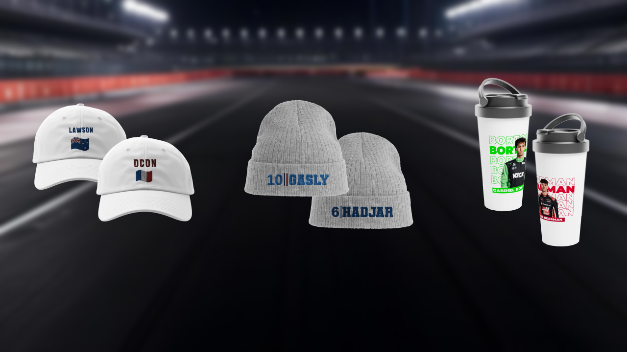Collection of hats and shakers with text on a track background