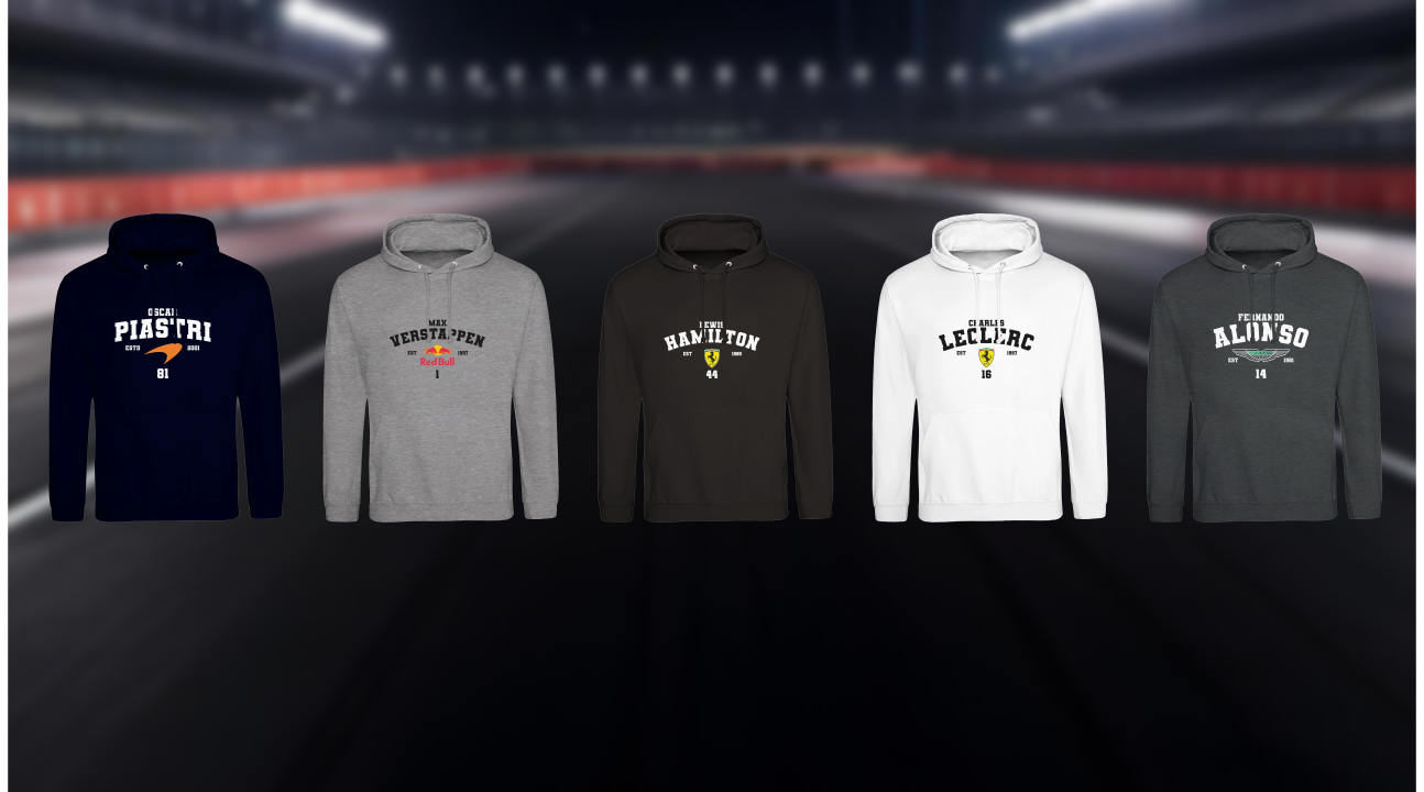 Five hoodies with different designs and text on a dark background