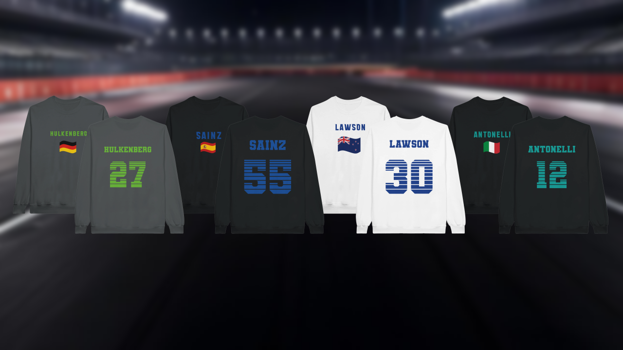 Collection of F1 sweatshirts with driver names and numbers on a dark background