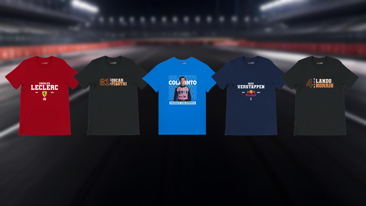 Five F1 themed t-shirts displayed against a blurred stadium background