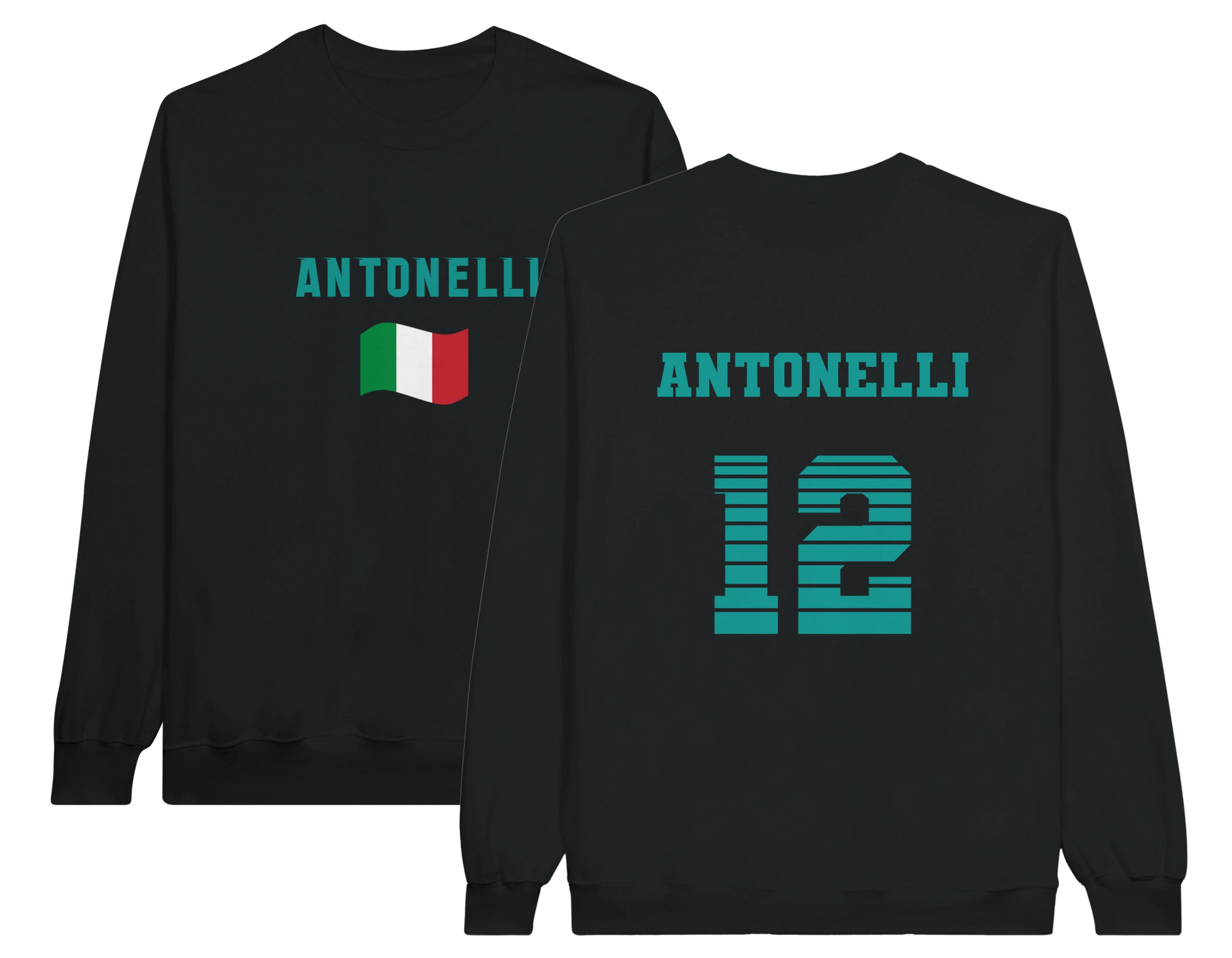 Black sweatshirt with 'ANTONELLI' and number '12' on a white background