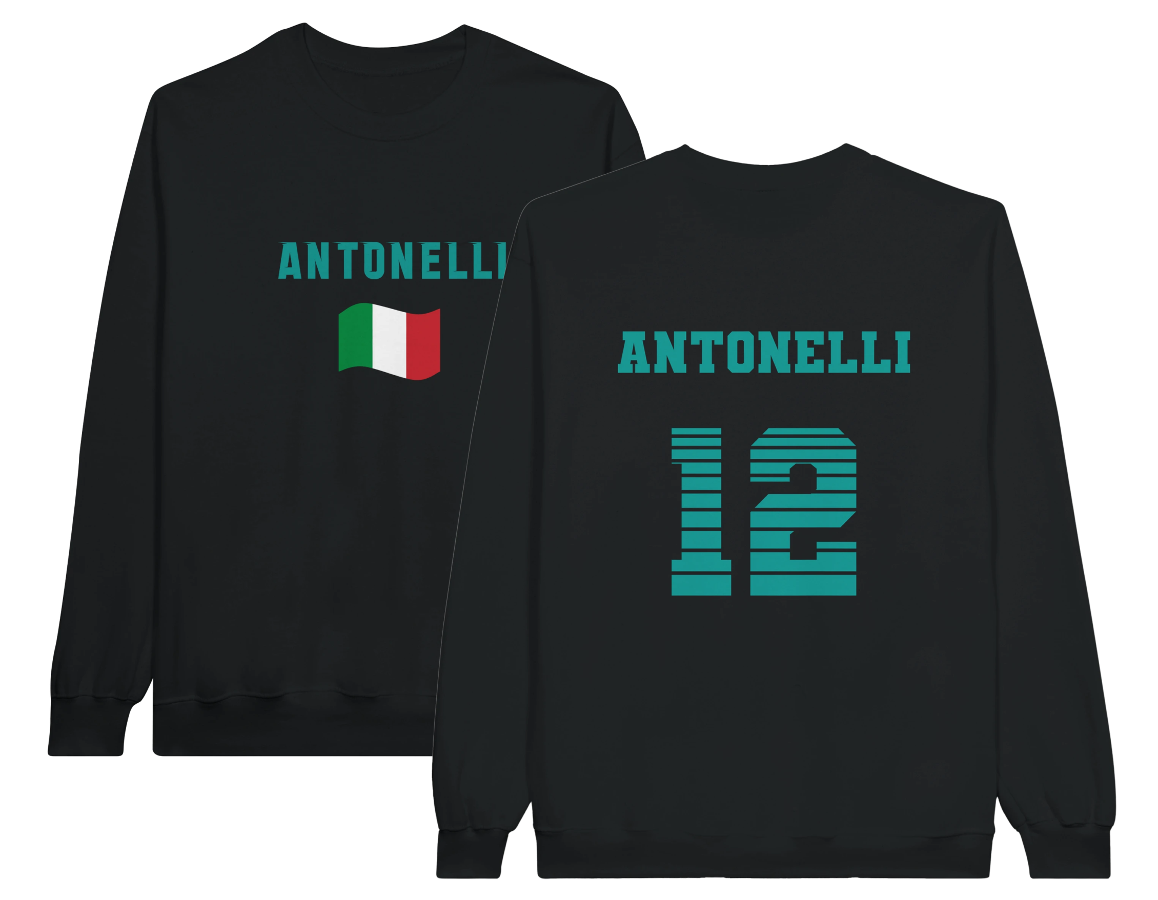 Black sweatshirt with 'ANTONELLI' and number '12' on a white background