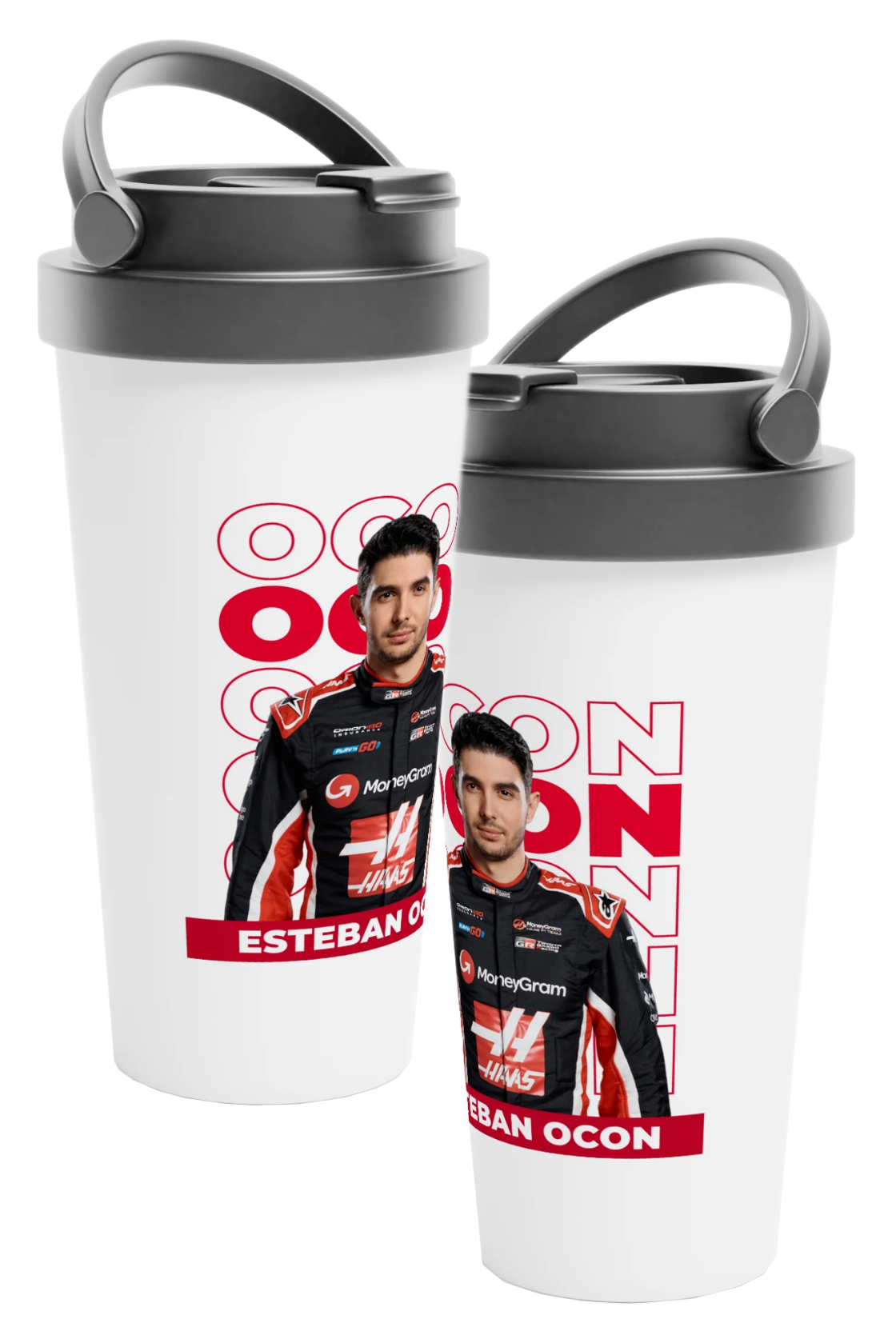 Two white water bottles with gray lids featuring images of Esteban Ocon