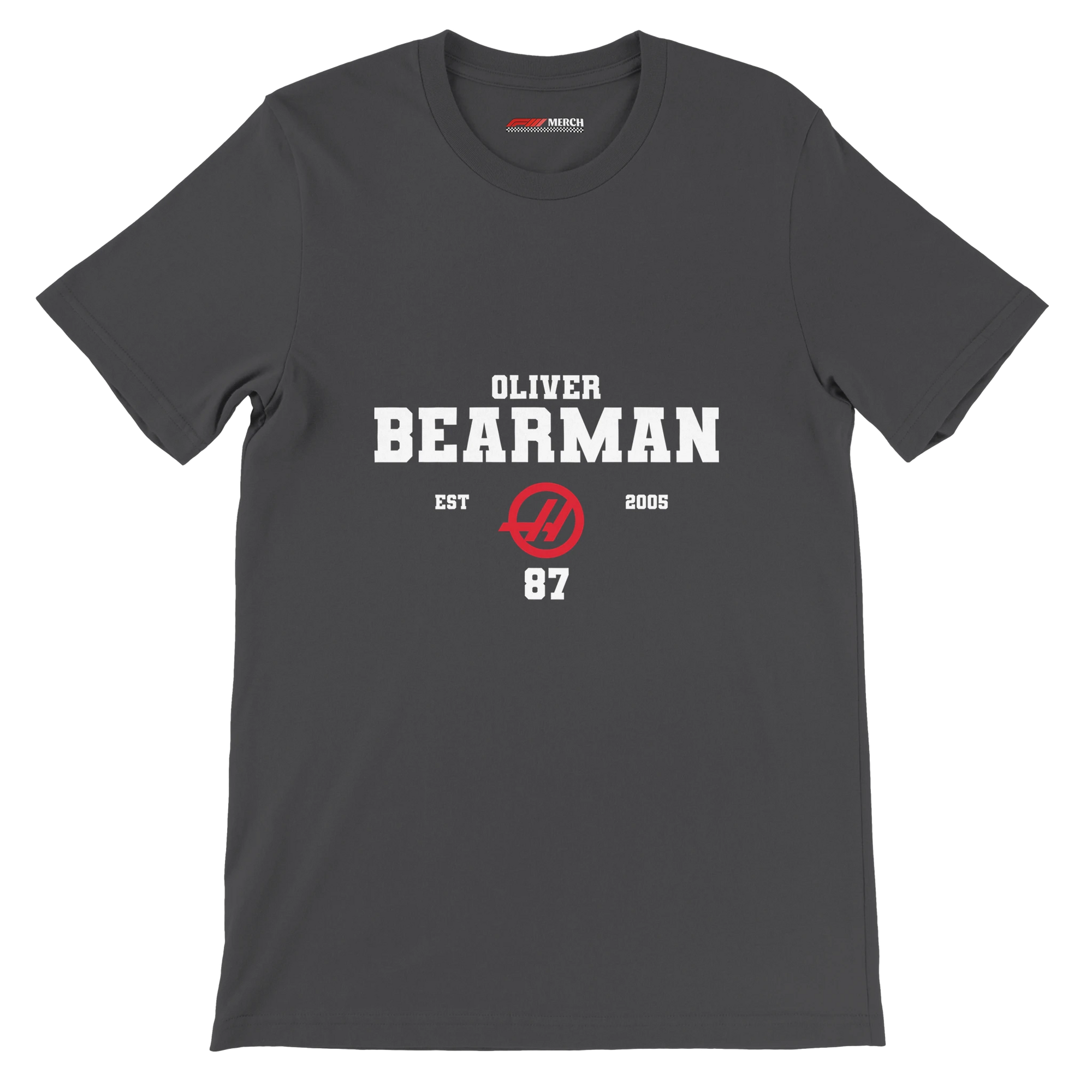 f111 merch dark-grey color t-shirt with oliver-bearman branding.