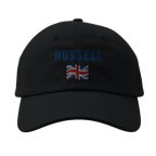 f111 merch black color baseball-cap with russell branding.