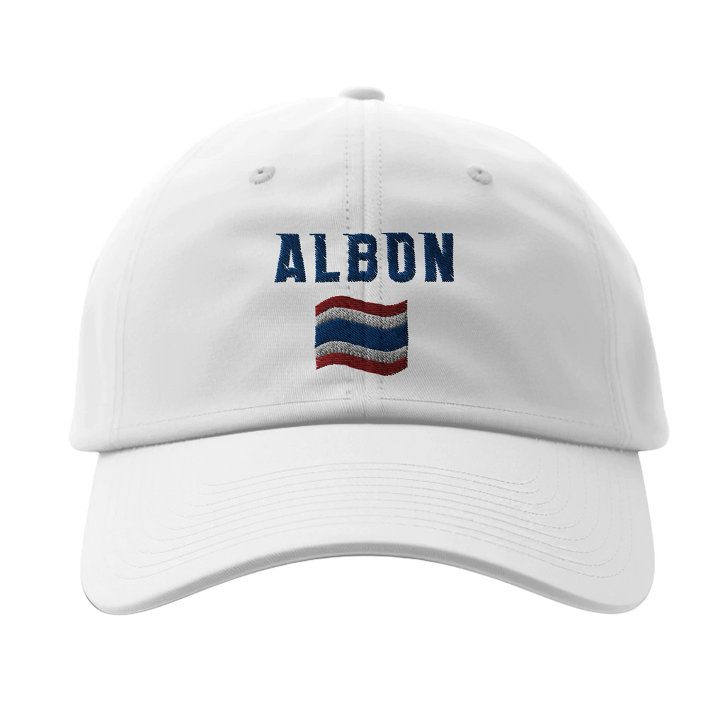 f111 merch white color baseball-cap with albon branding.