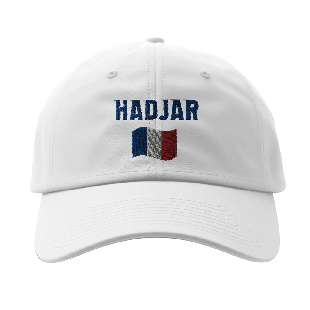 f111 merch white color baseball-cap with hadjar branding.