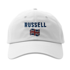 f111 merch white color baseball-cap with russell branding.