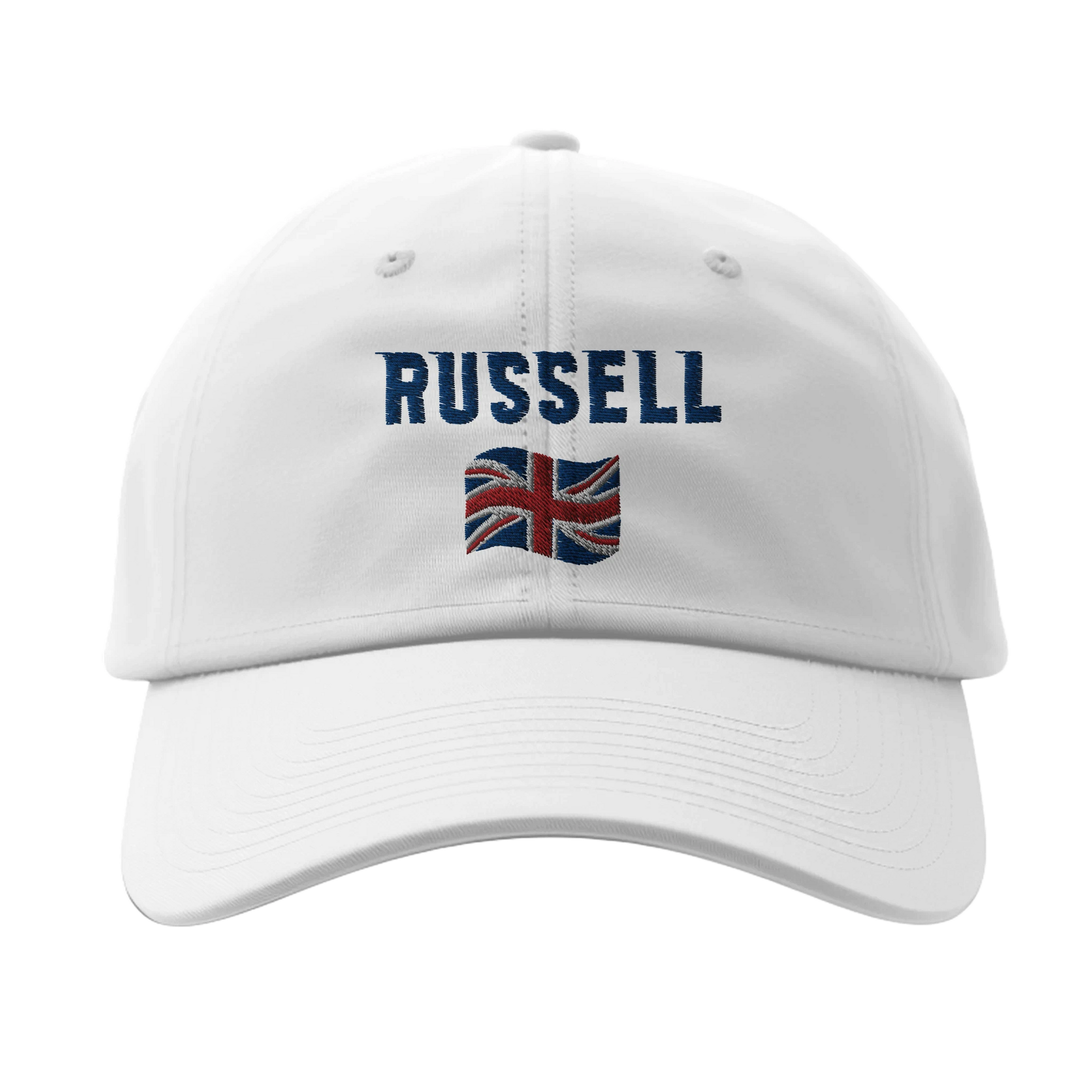 f111 merch white color baseball-cap with russell branding.