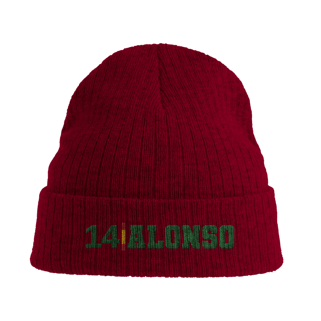 f111 merch burgandy color beanie with alonso branding.