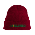f111 merch burgandy color beanie with alonso branding.