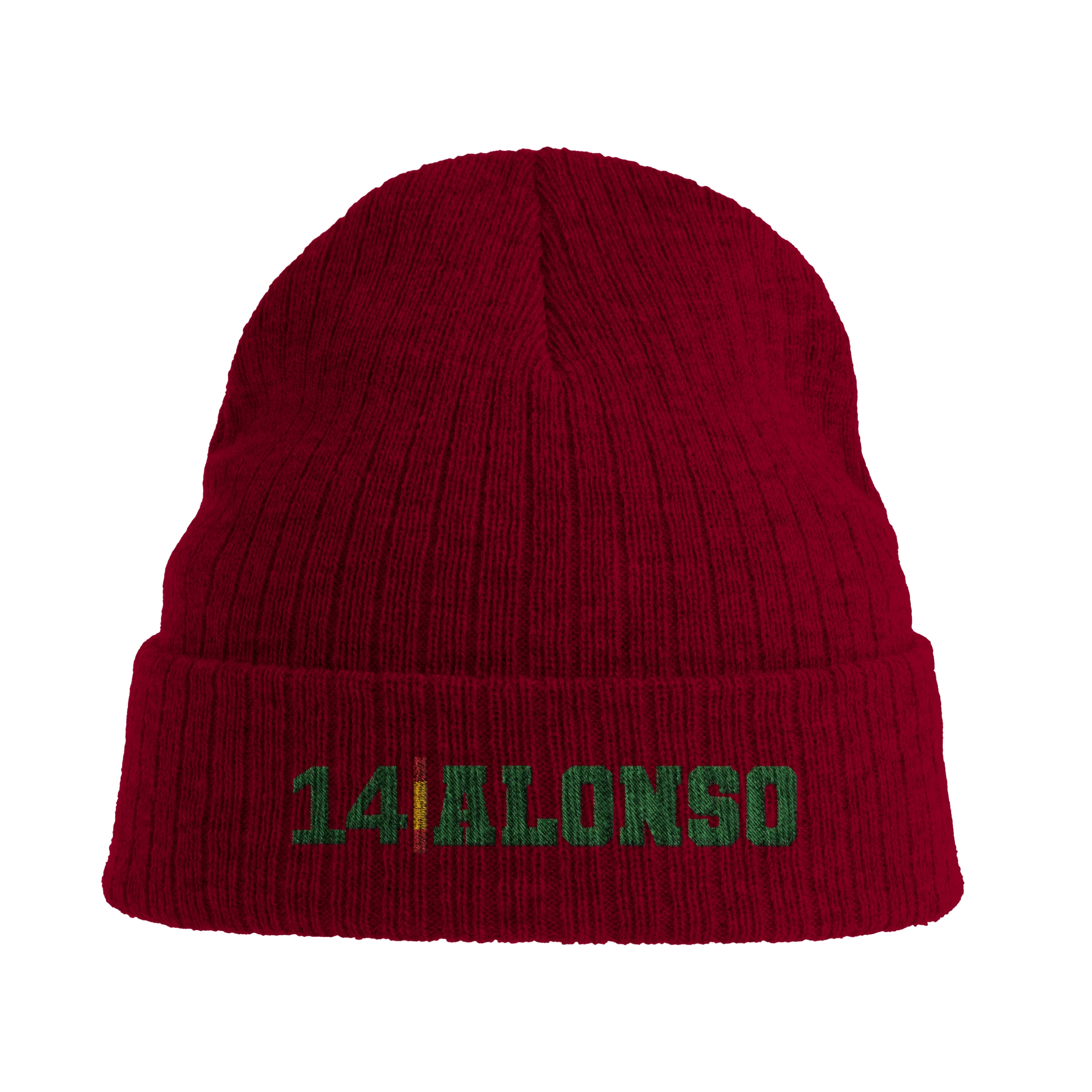f111 merch burgandy color beanie with alonso branding.
