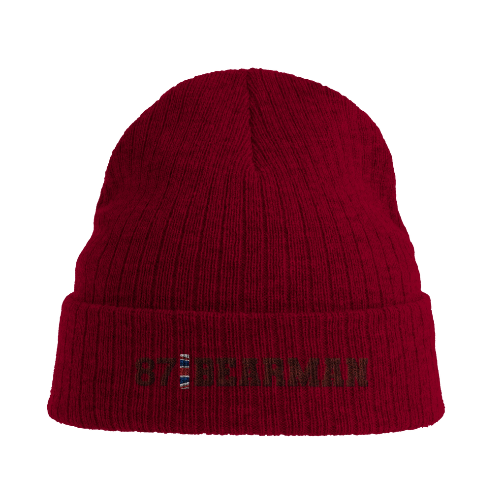 f111 merch burgandy color beanie with bearman branding.