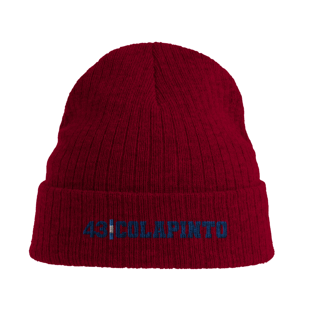 f111 merch burgandy color beanie with colapinto branding.