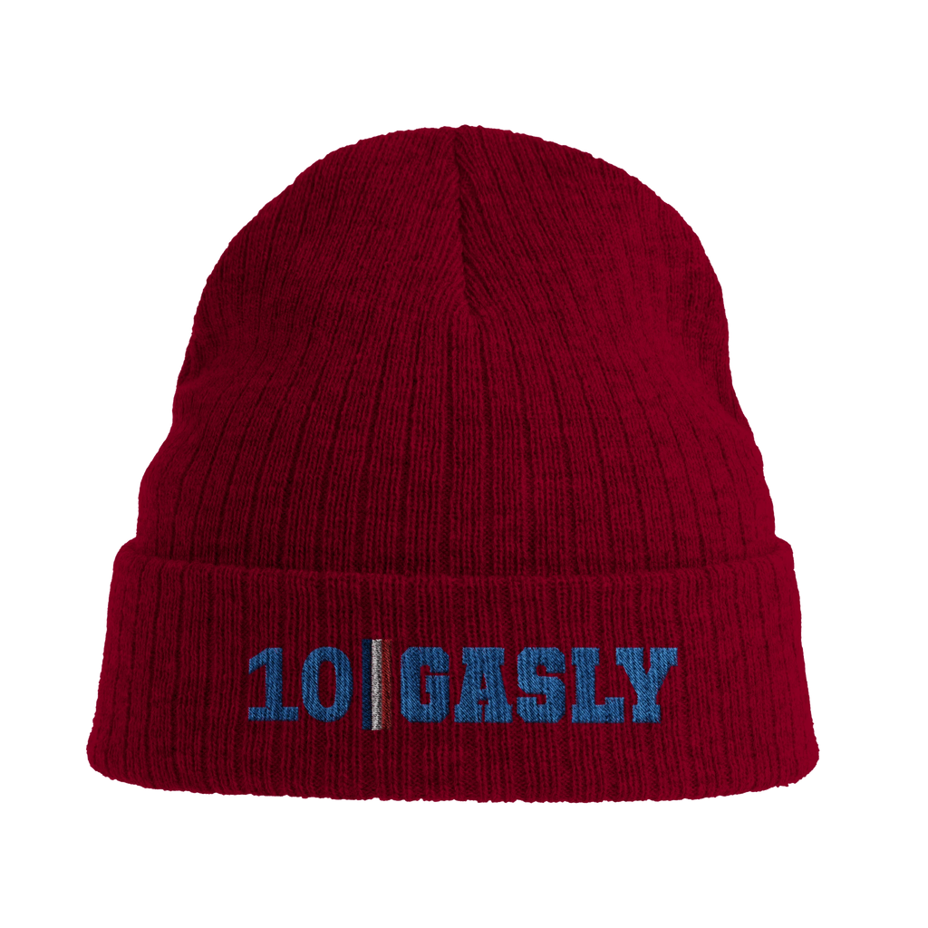 f111 merch burgandy color beanie with gasly branding.