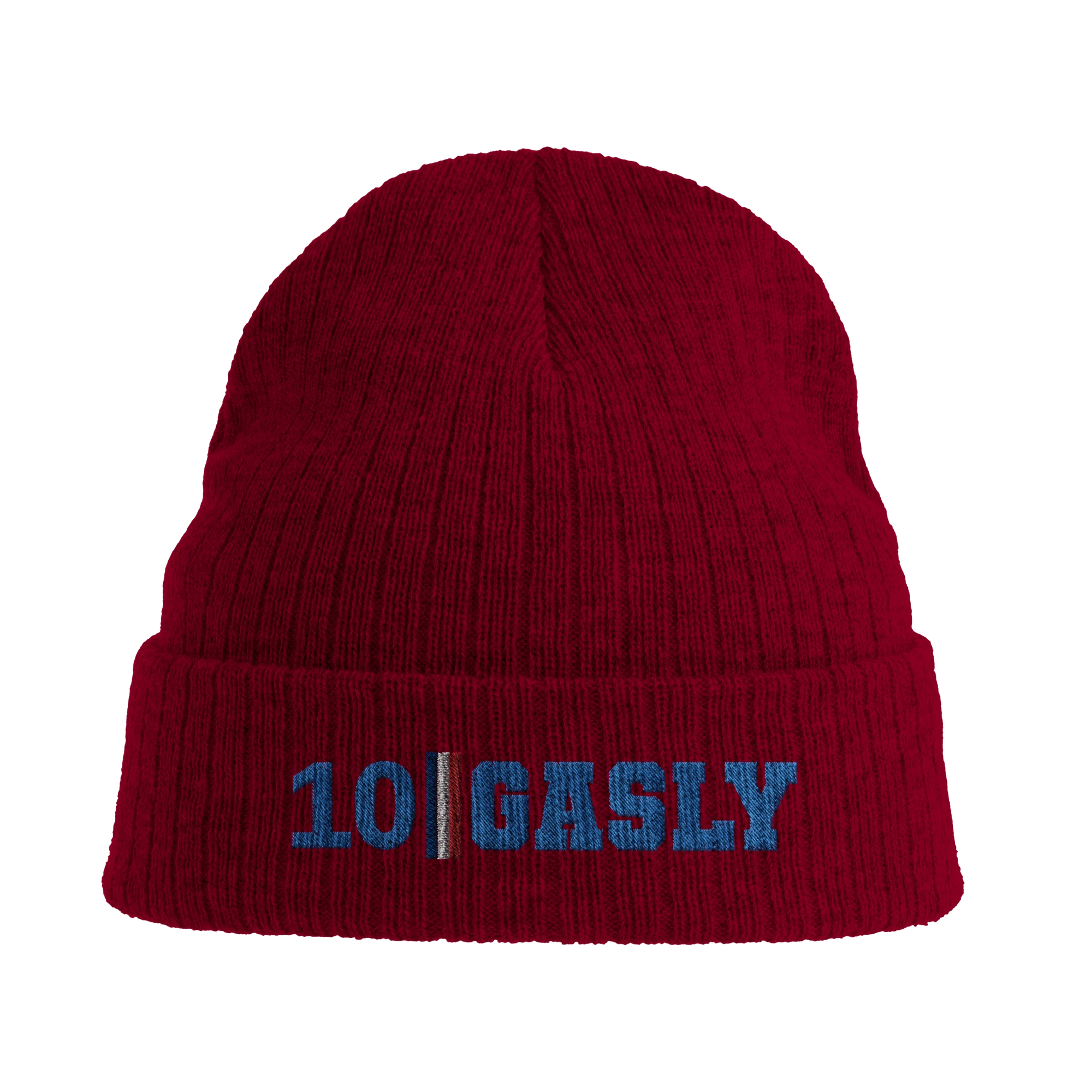 f111 merch burgandy color beanie with gasly branding.