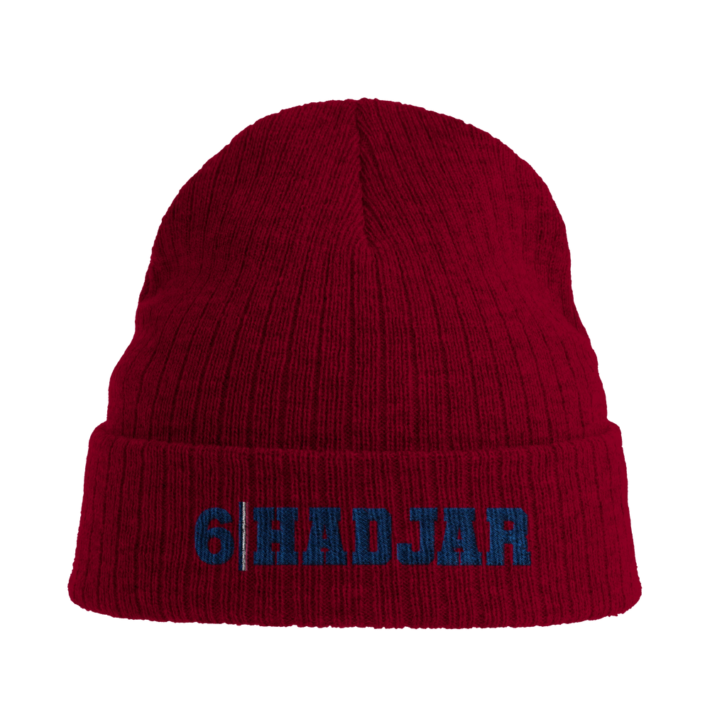 f111 merch burgandy color beanie with hadjar branding.
