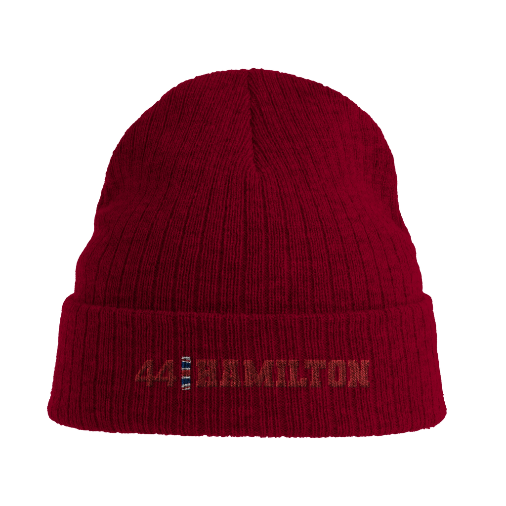 f111 merch burgandy color beanie with hamilton branding.