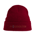 f111 merch burgandy color beanie with hamilton branding.
