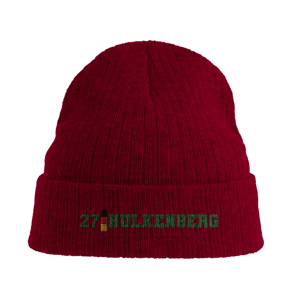 f111 merch burgandy color beanie with hulkenberg branding.