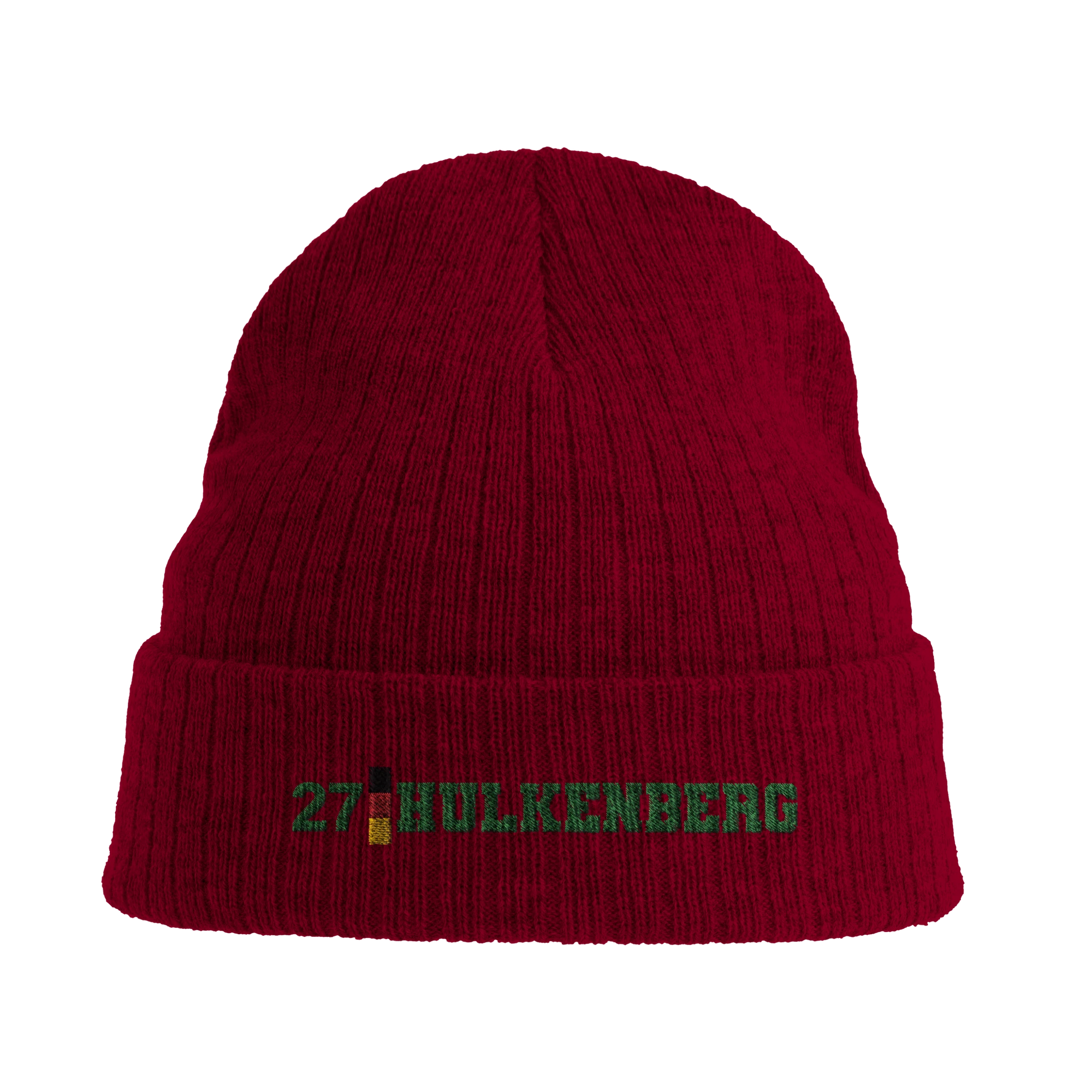f111 merch burgandy color beanie with hulkenberg branding.