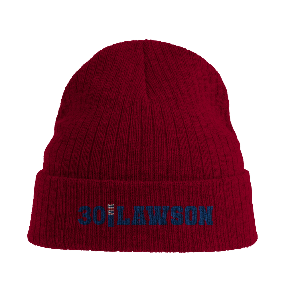 f111 merch burgandy color beanie with lawson branding.
