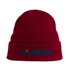 f111 merch burgandy color beanie with lawson branding.