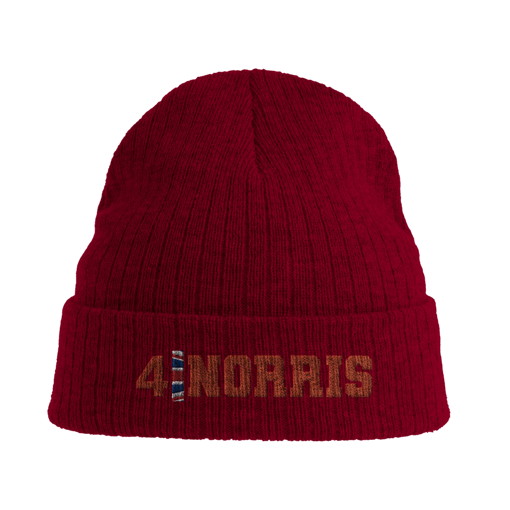 f111 merch burgandy color beanie with norris branding.