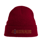 f111 merch burgandy color beanie with norris branding.