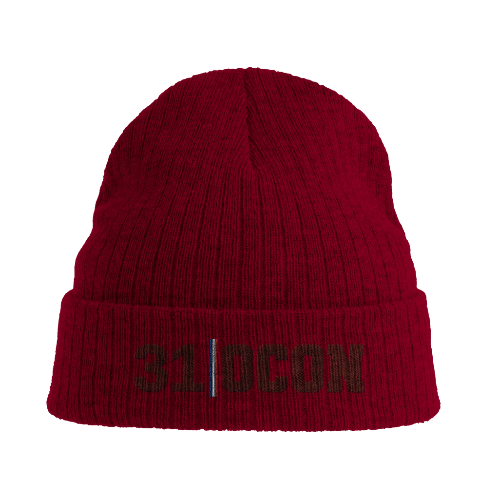 f111 merch burgandy color beanie with ocon branding.