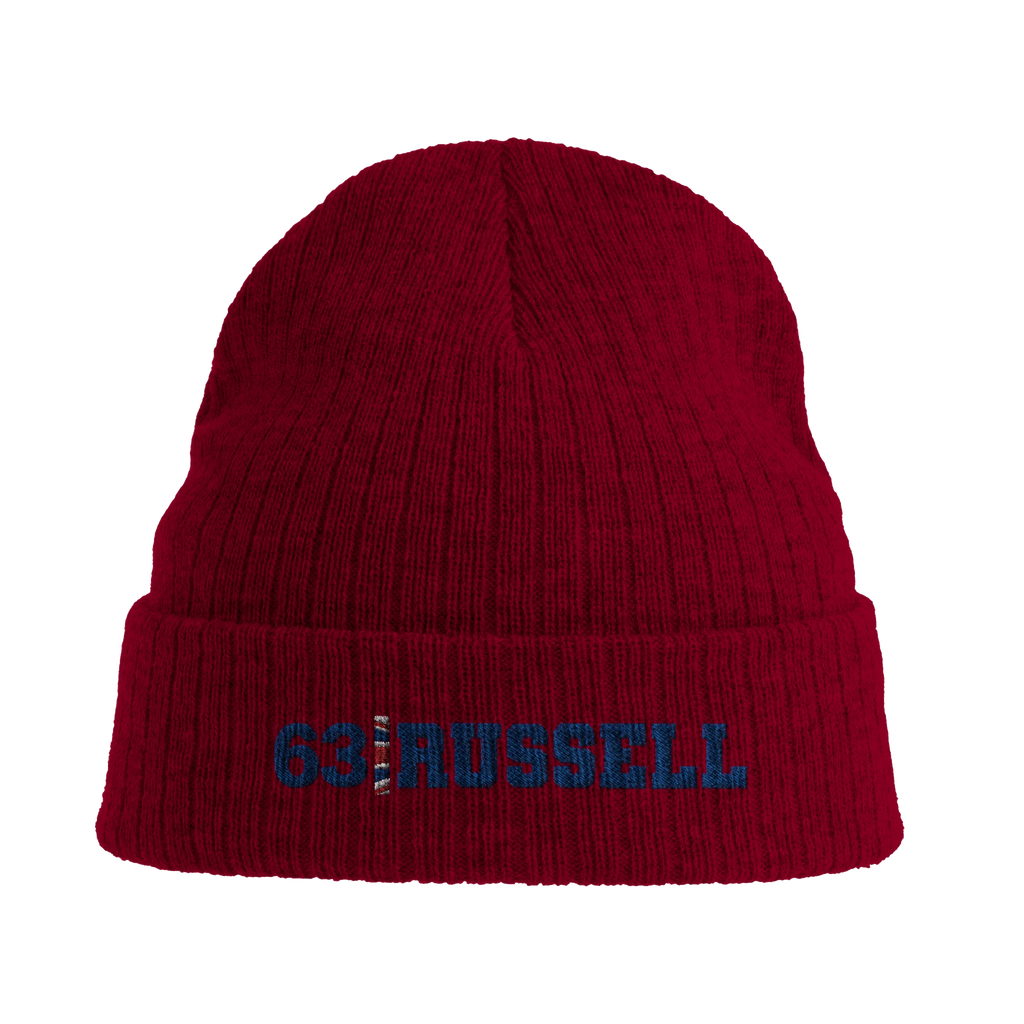 f111 merch burgandy color beanie with russell branding.
